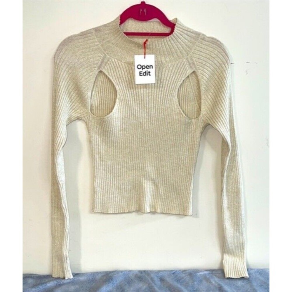 NWT Open Edit Ivory Peekaboo Crop Mock-neck Sweater Size‎ Small